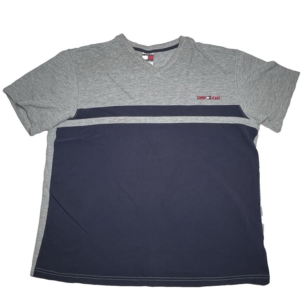 VTG 90s Tommy Hilfiger T Shirt Mens Large Gray  V Neck Rare Short Heavy Jeans